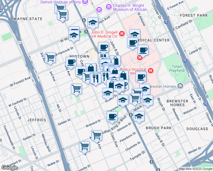 map of restaurants, bars, coffee shops, grocery stores, and more near 70 West Alexandrine Street in Detroit