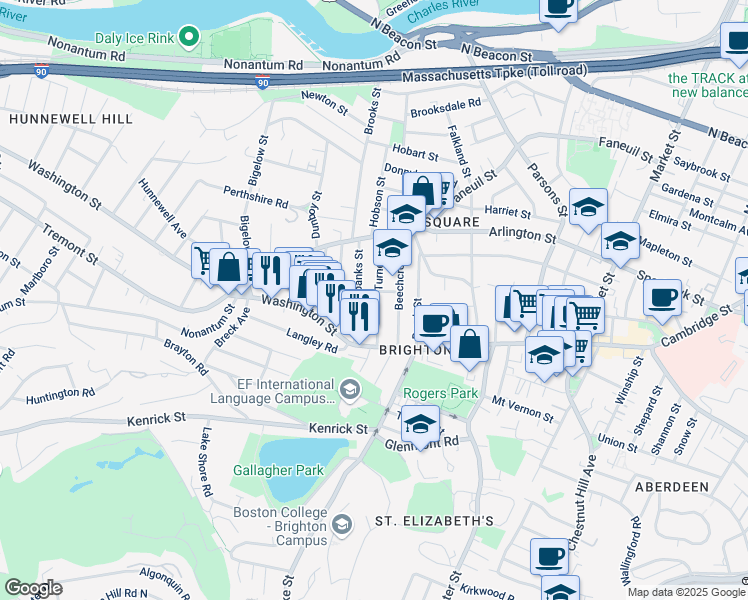 map of restaurants, bars, coffee shops, grocery stores, and more near 52 Fairbanks Street in Boston