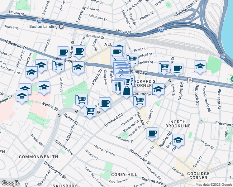 map of restaurants, bars, coffee shops, grocery stores, and more near 10-14 Park Vale Avenue in Boston