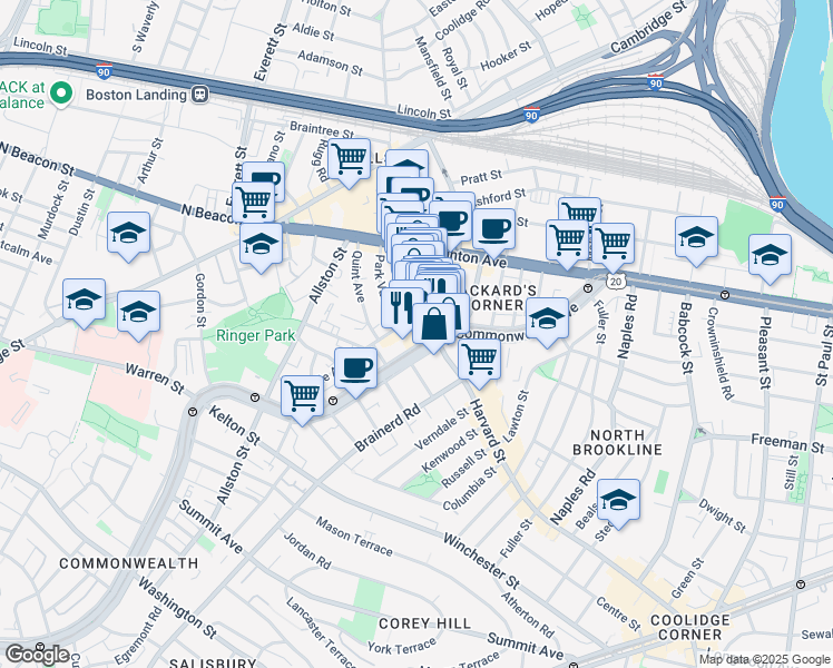 map of restaurants, bars, coffee shops, grocery stores, and more near 1237 Commonwealth Avenue in Boston
