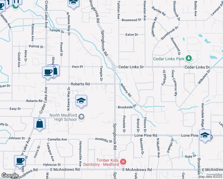 map of restaurants, bars, coffee shops, grocery stores, and more near 2480 Roberts Road in Medford