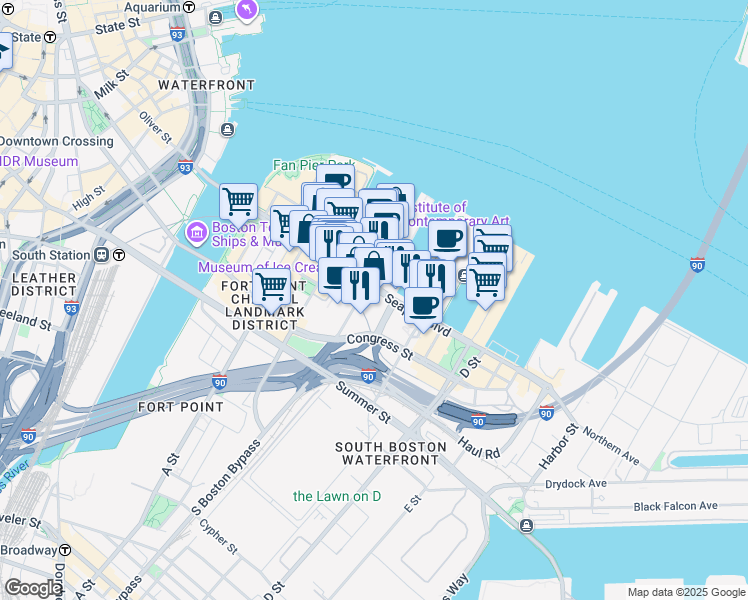 map of restaurants, bars, coffee shops, grocery stores, and more near 142 Pier 4 Boulevard in Boston