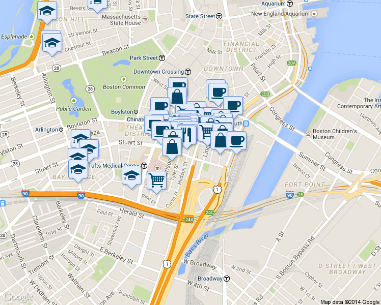 map of restaurants, bars, coffee shops, grocery stores, and more near in Boston
