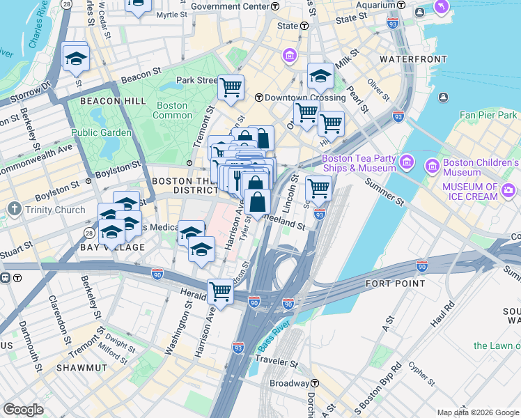 map of restaurants, bars, coffee shops, grocery stores, and more near in Boston