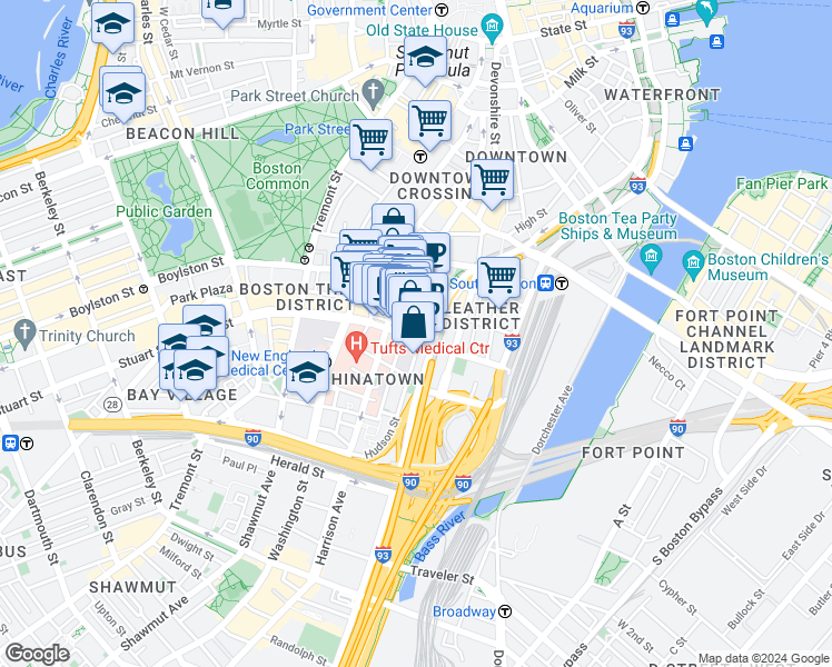map of restaurants, bars, coffee shops, grocery stores, and more near in Boston