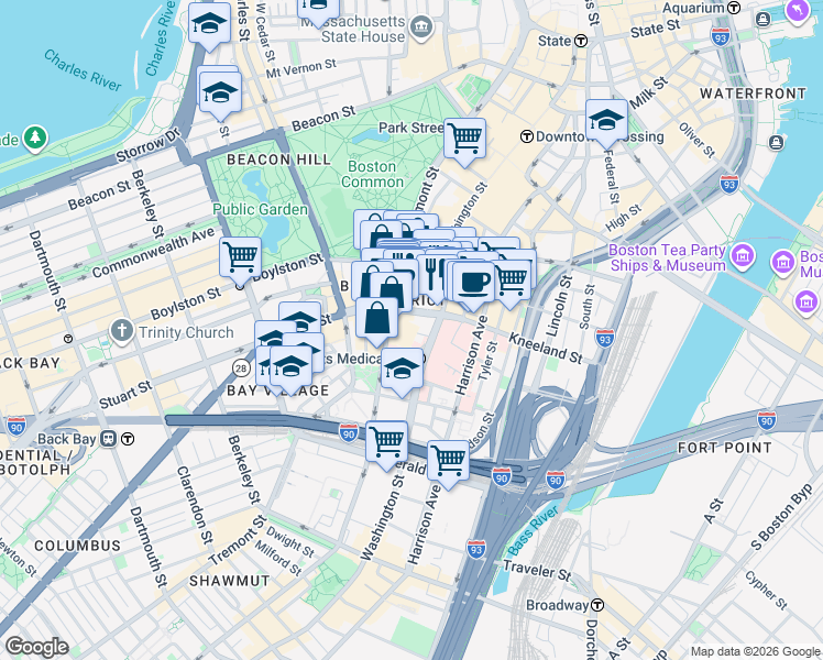 map of restaurants, bars, coffee shops, grocery stores, and more near 39 Stuart Street in Boston