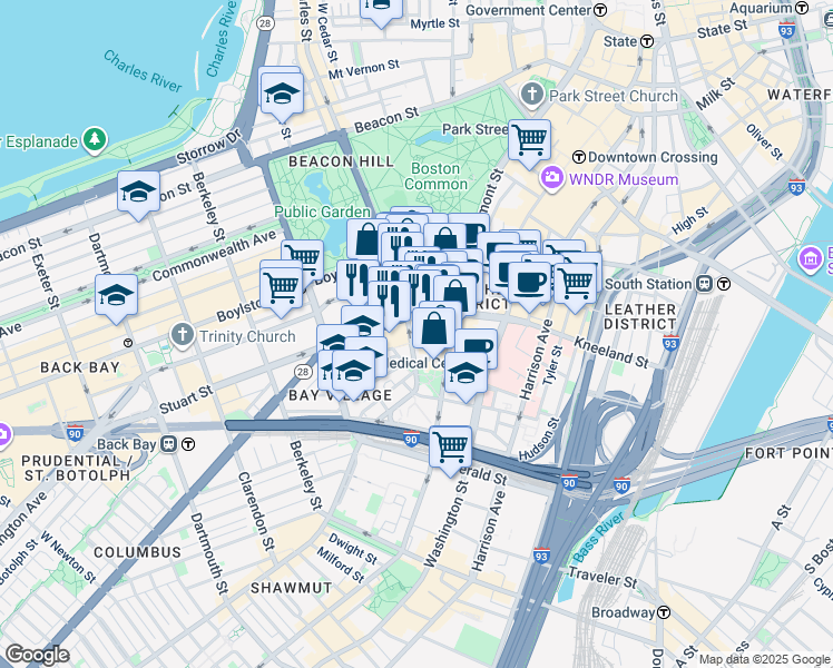 map of restaurants, bars, coffee shops, grocery stores, and more near 1 Charles Street South in Boston
