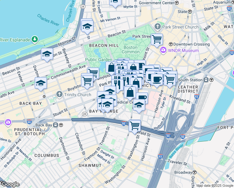 map of restaurants, bars, coffee shops, grocery stores, and more near 1 Charles Street South in Boston