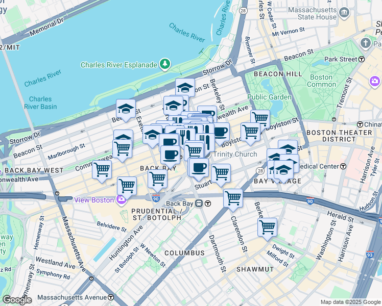 map of restaurants, bars, coffee shops, grocery stores, and more near 130B Newbury Street in Boston