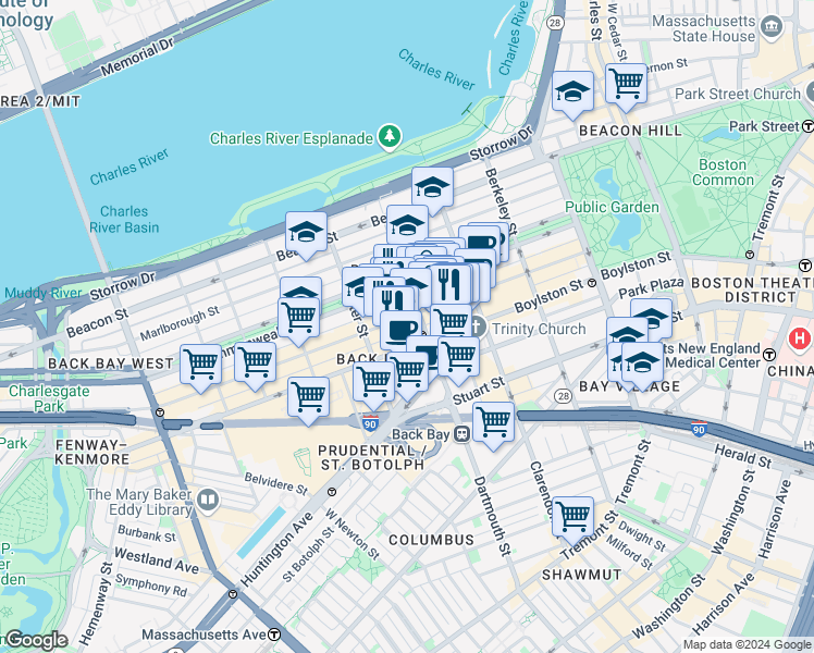 map of restaurants, bars, coffee shops, grocery stores, and more near 7 Dartmouth Street in Boston