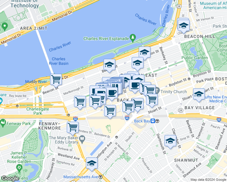 map of restaurants, bars, coffee shops, grocery stores, and more near 225 Commonwealth Avenue in Boston