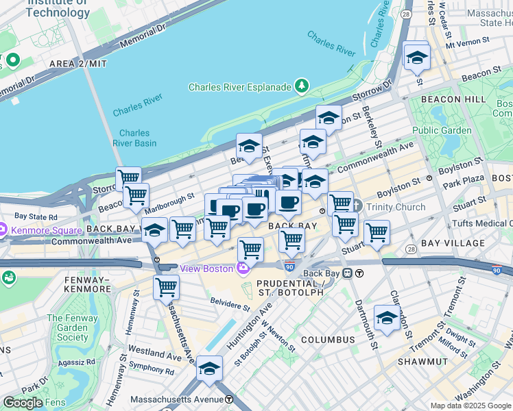 map of restaurants, bars, coffee shops, grocery stores, and more near 225 Commonwealth Avenue in Boston