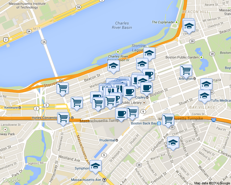 map of restaurants, bars, coffee shops, grocery stores, and more near 225 Commonwealth Avenue in Boston