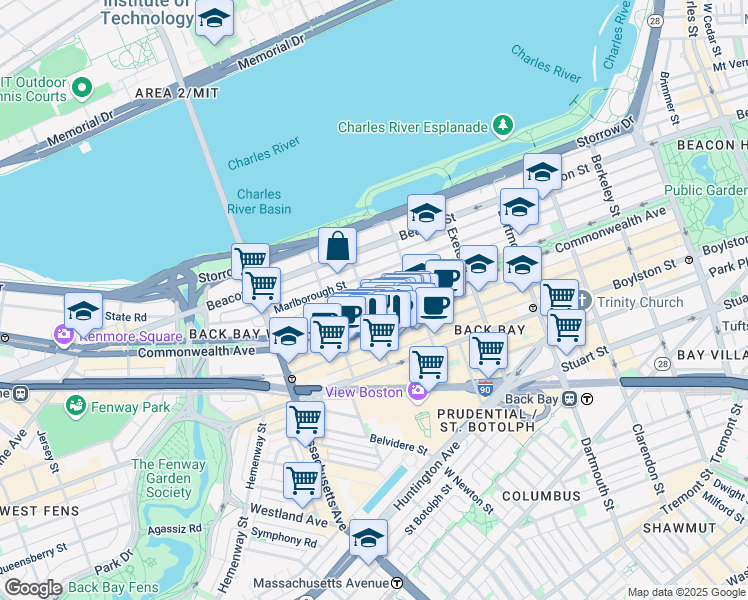 map of restaurants, bars, coffee shops, grocery stores, and more near 11 Gloucester Street in Boston
