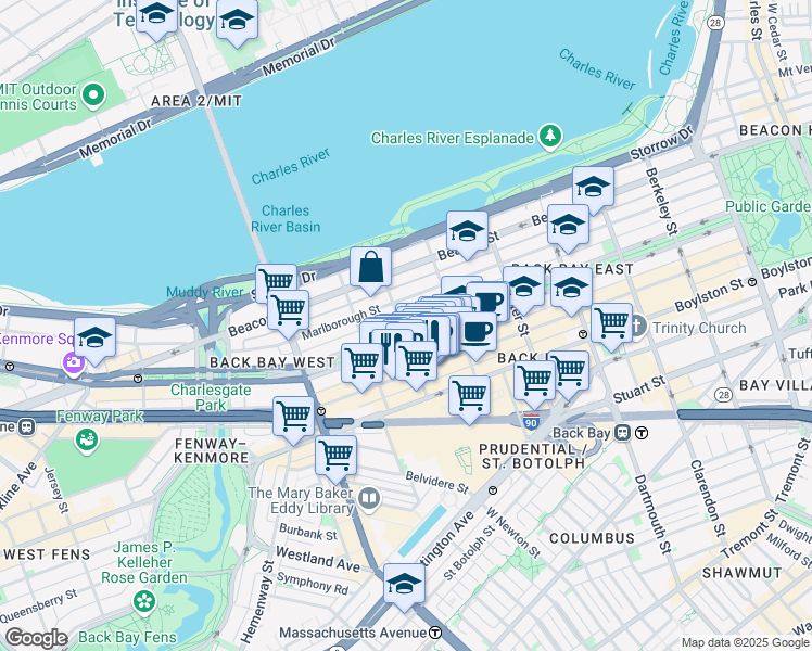 map of restaurants, bars, coffee shops, grocery stores, and more near 11 Gloucester Street in Boston