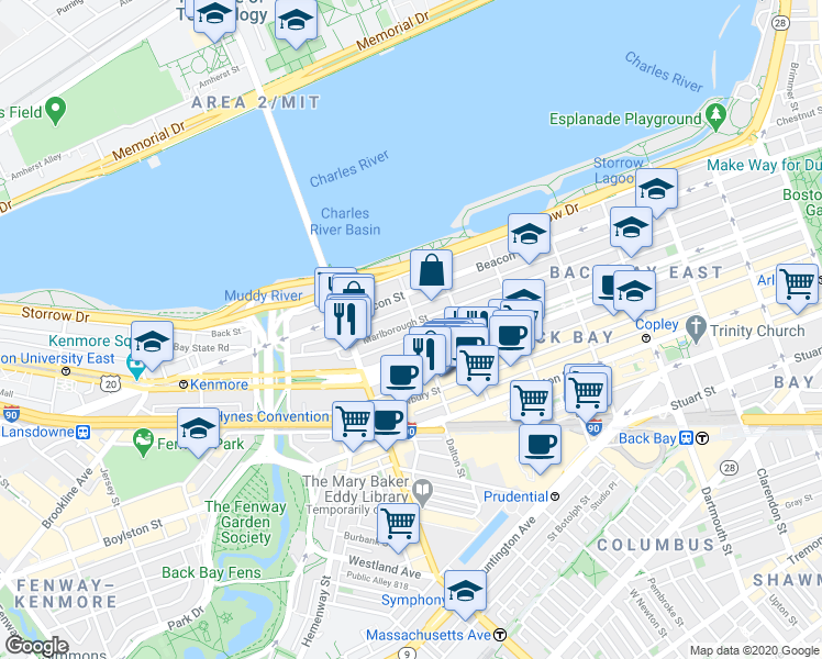 map of restaurants, bars, coffee shops, grocery stores, and more near 18 Hereford Street in Boston