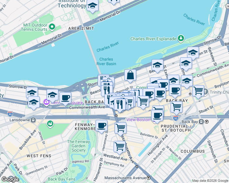 map of restaurants, bars, coffee shops, grocery stores, and more near 455 Beacon Street in Boston
