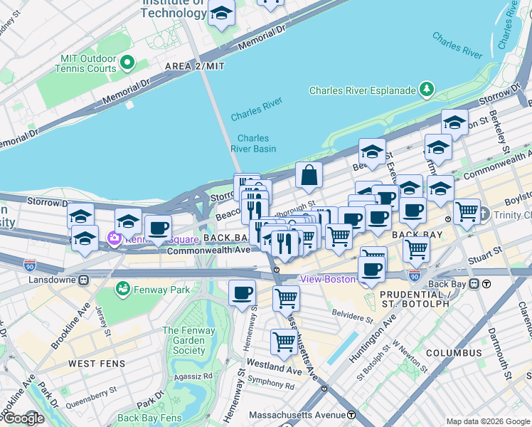 map of restaurants, bars, coffee shops, grocery stores, and more near 457 Beacon Street in Boston
