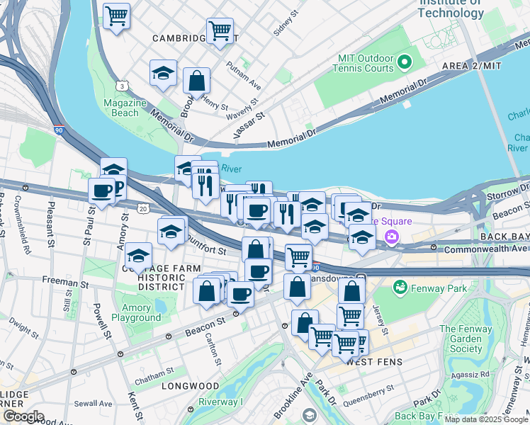 map of restaurants, bars, coffee shops, grocery stores, and more near in Boston