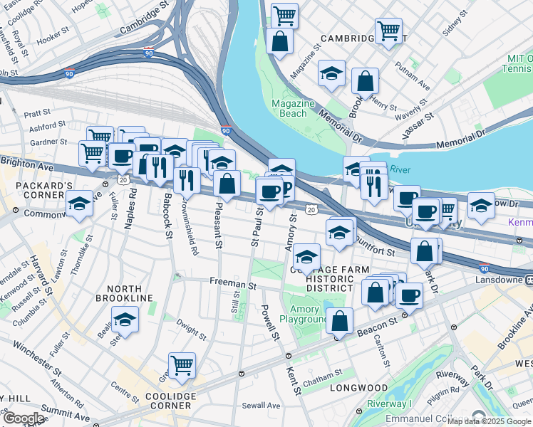map of restaurants, bars, coffee shops, grocery stores, and more near 884 Commonwealth Avenue in Brookline