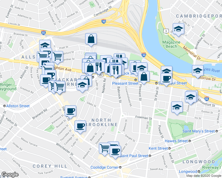 map of restaurants, bars, coffee shops, grocery stores, and more near 20 Winslow Road in Brookline