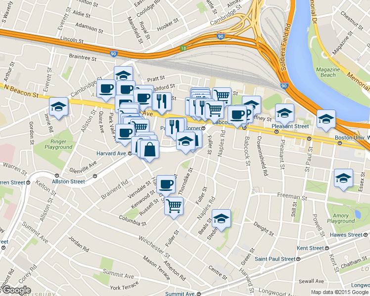 map of restaurants, bars, coffee shops, grocery stores, and more near 1131 Commonwealth Avenue in Boston