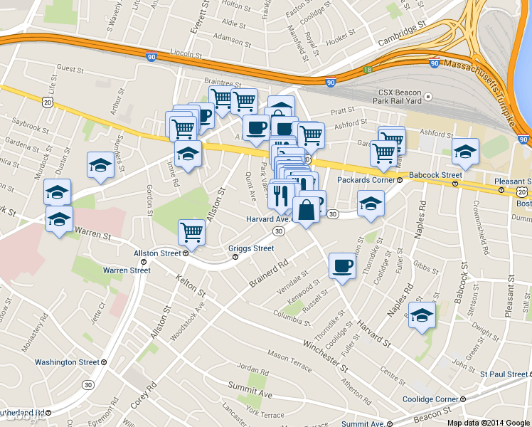 map of restaurants, bars, coffee shops, grocery stores, and more near 10-14 Park Vale Avenue in Boston