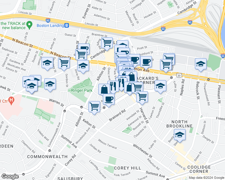 map of restaurants, bars, coffee shops, grocery stores, and more near 10-14 Park Vale Avenue in Boston