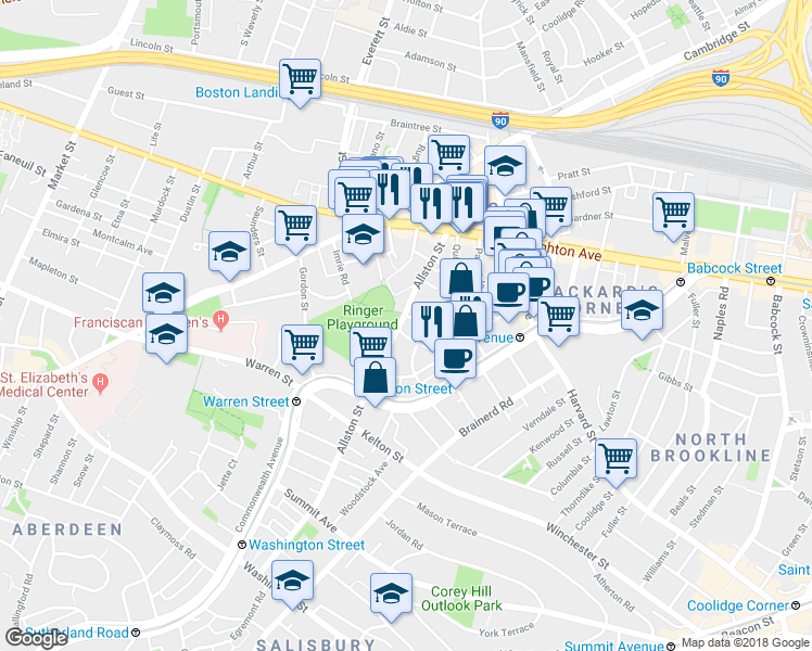 map of restaurants, bars, coffee shops, grocery stores, and more near 68 Allston Street in Boston