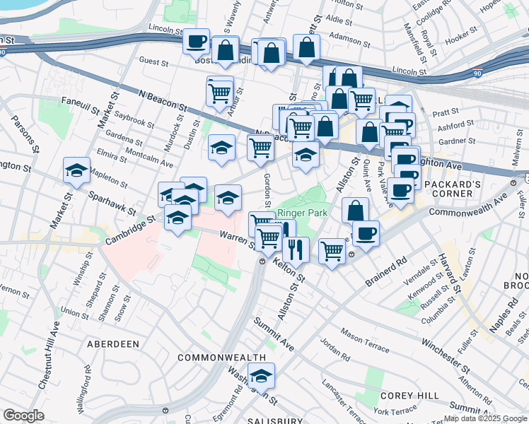 map of restaurants, bars, coffee shops, grocery stores, and more near 59 Gordon Street in Boston
