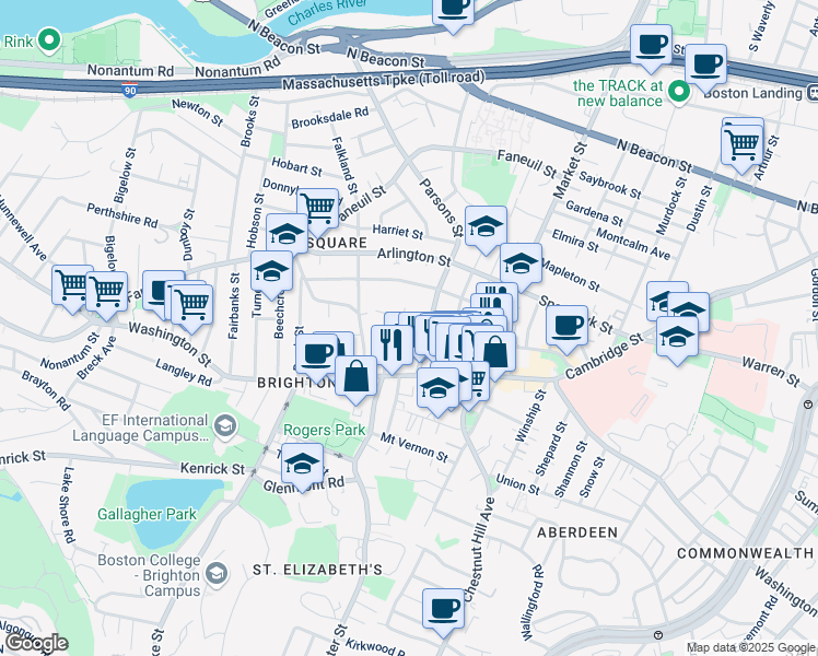map of restaurants, bars, coffee shops, grocery stores, and more near 38-40 Parsons Street in Boston