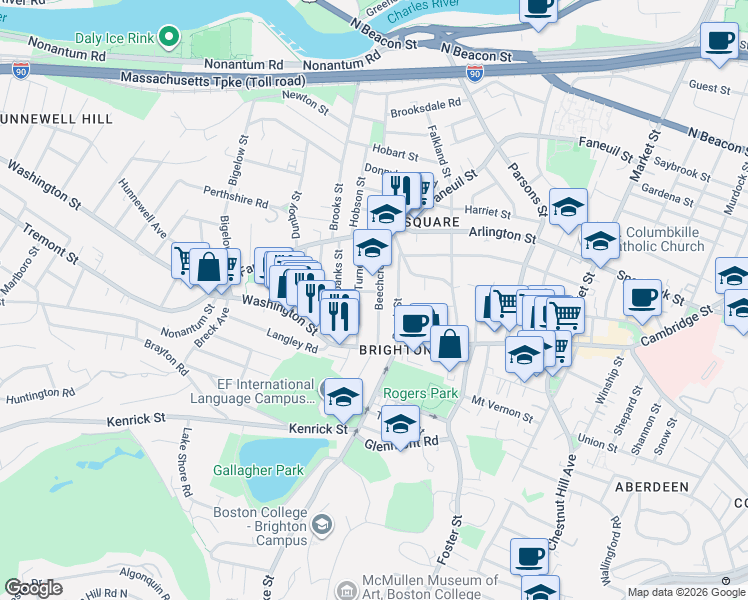 map of restaurants, bars, coffee shops, grocery stores, and more near 50 Beechcroft Street in Boston