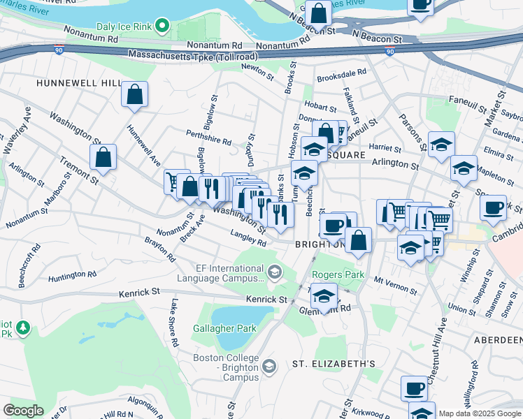 map of restaurants, bars, coffee shops, grocery stores, and more near 25-27 Montfern Avenue in Boston