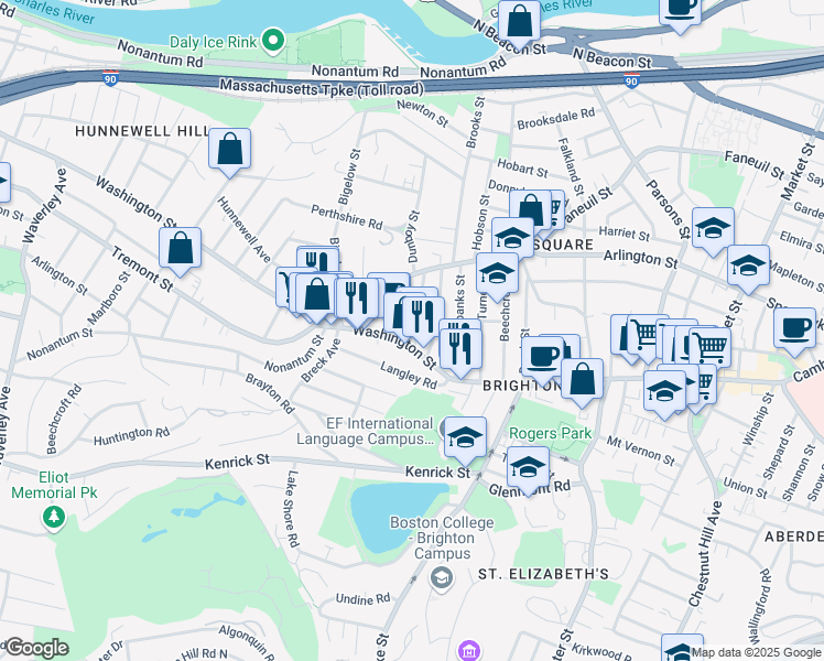 map of restaurants, bars, coffee shops, grocery stores, and more near 25-27 Montfern Avenue in Boston