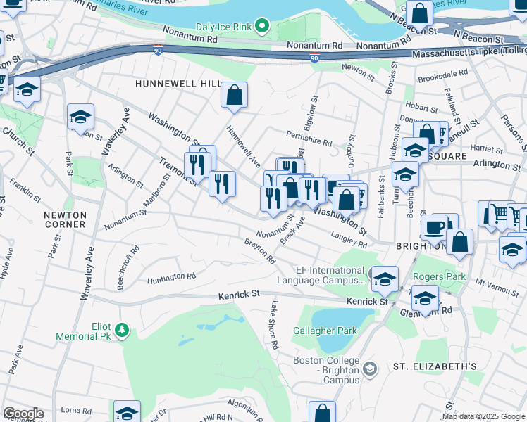 map of restaurants, bars, coffee shops, grocery stores, and more near 11 Tip Top Street in Boston