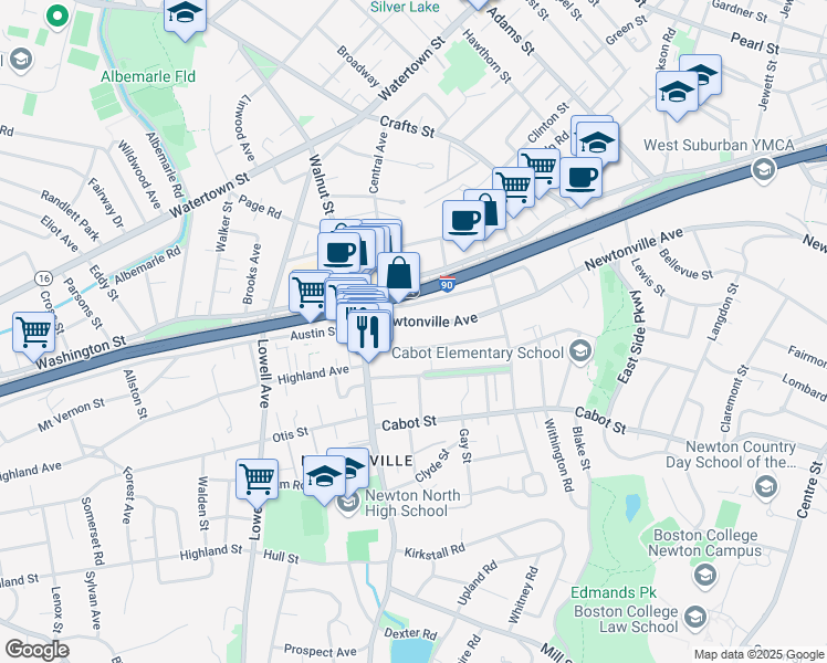 map of restaurants, bars, coffee shops, grocery stores, and more near 425 Newtonville Avenue in Newton