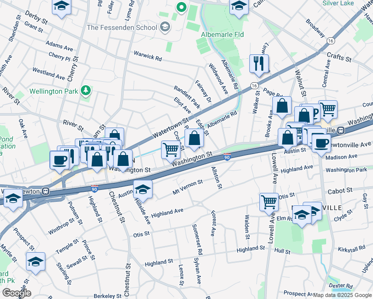 map of restaurants, bars, coffee shops, grocery stores, and more near 34 Cross Street in Newton