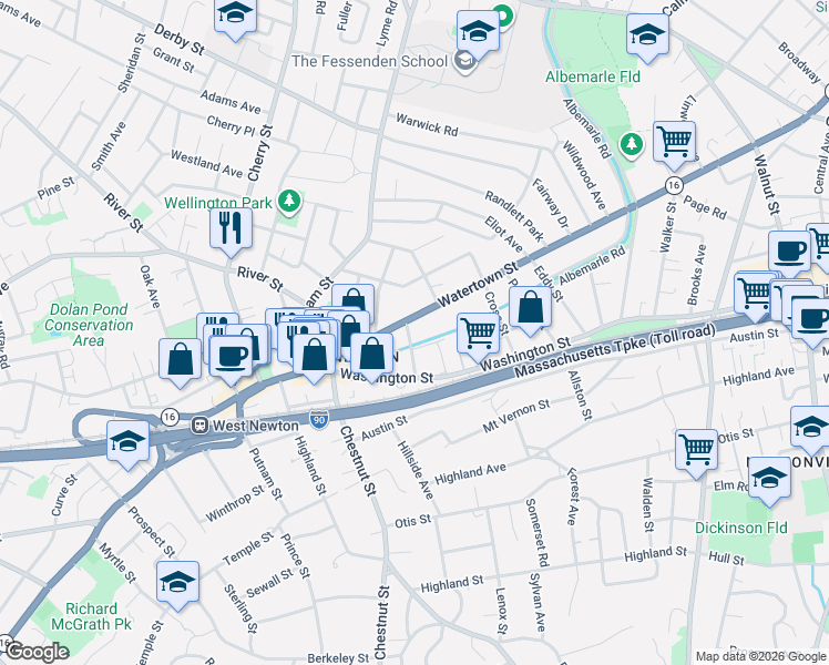 map of restaurants, bars, coffee shops, grocery stores, and more near 888 Watertown Street in Newton