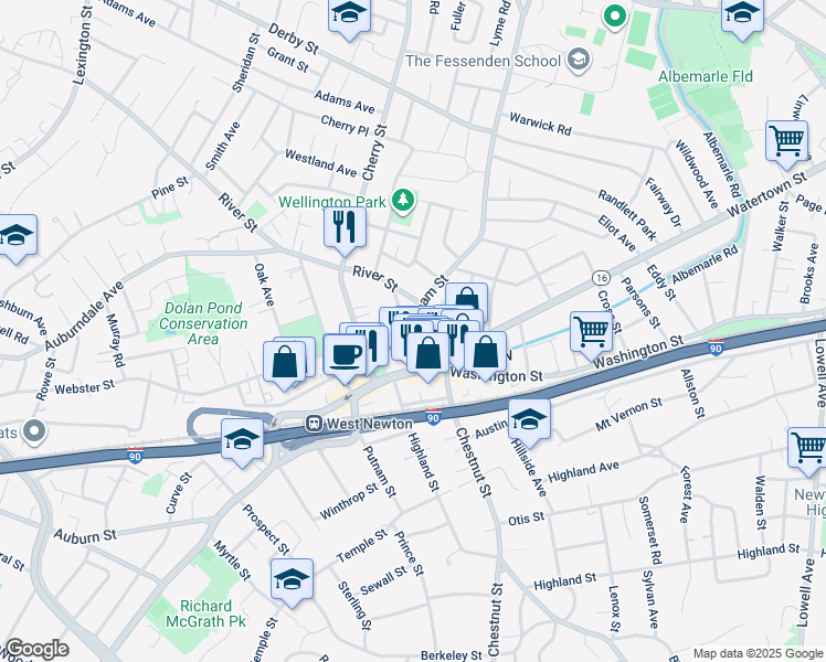 map of restaurants, bars, coffee shops, grocery stores, and more near 492 Waltham Street in Newton