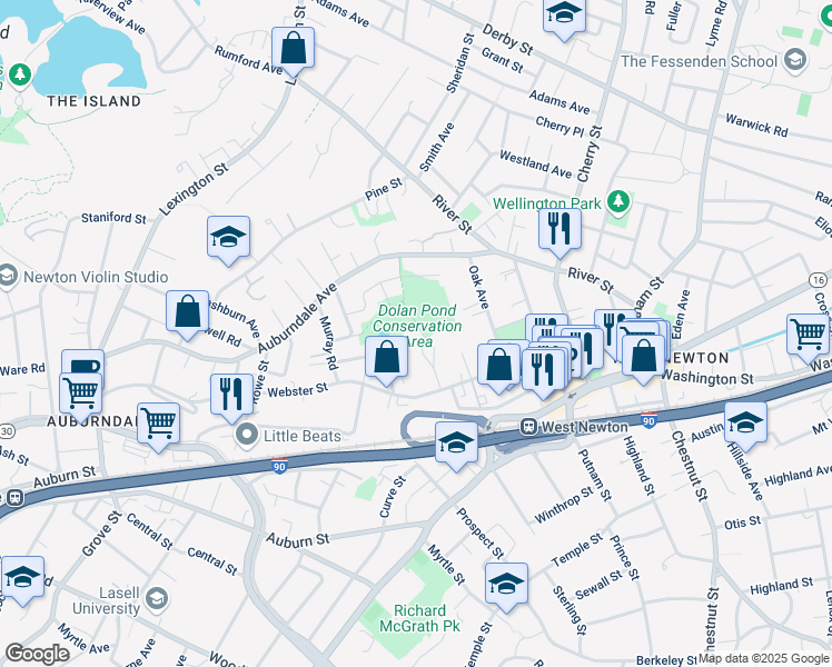 map of restaurants, bars, coffee shops, grocery stores, and more near 63 Webster Park in Newton