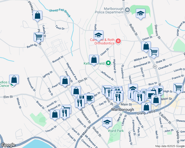 map of restaurants, bars, coffee shops, grocery stores, and more near 24 Hudson Street in Marlborough
