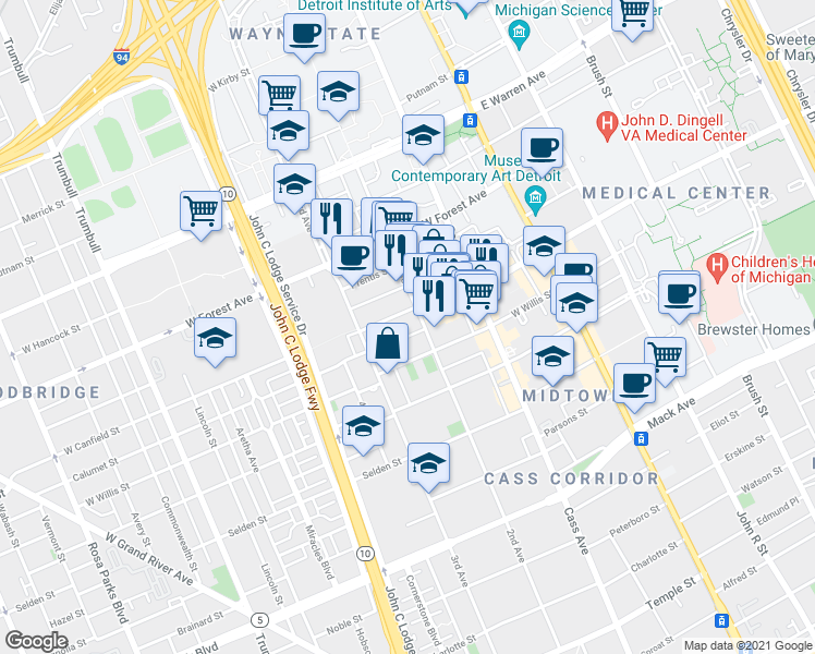 map of restaurants, bars, coffee shops, grocery stores, and more near 627 West Canfield Street in Detroit