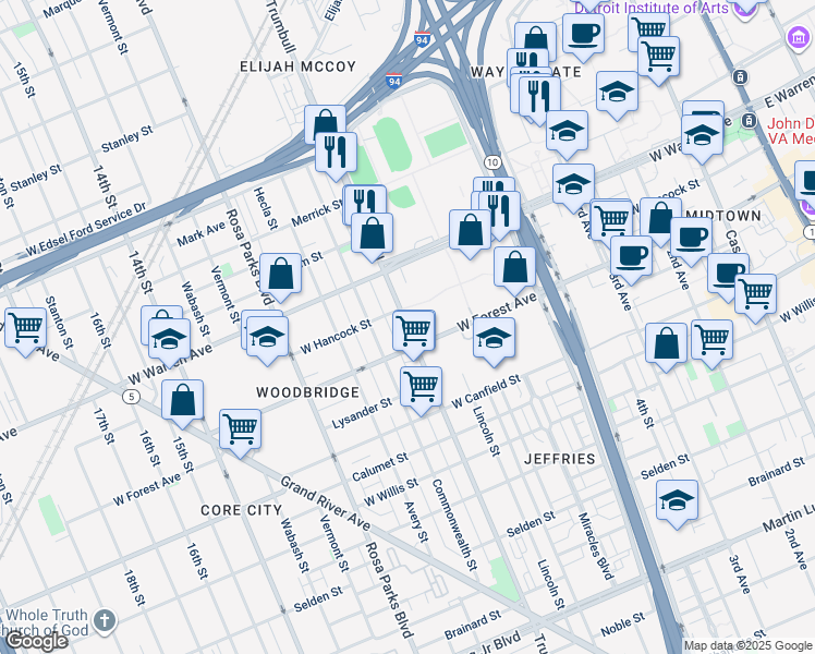 map of restaurants, bars, coffee shops, grocery stores, and more near 4736 Trumbull in Detroit
