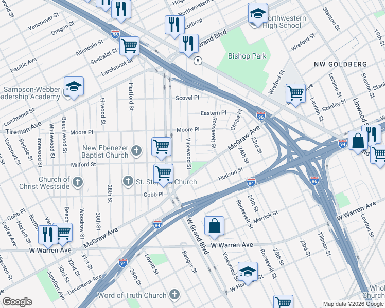 map of restaurants, bars, coffee shops, grocery stores, and more near 6369 Vinewood Street in Detroit