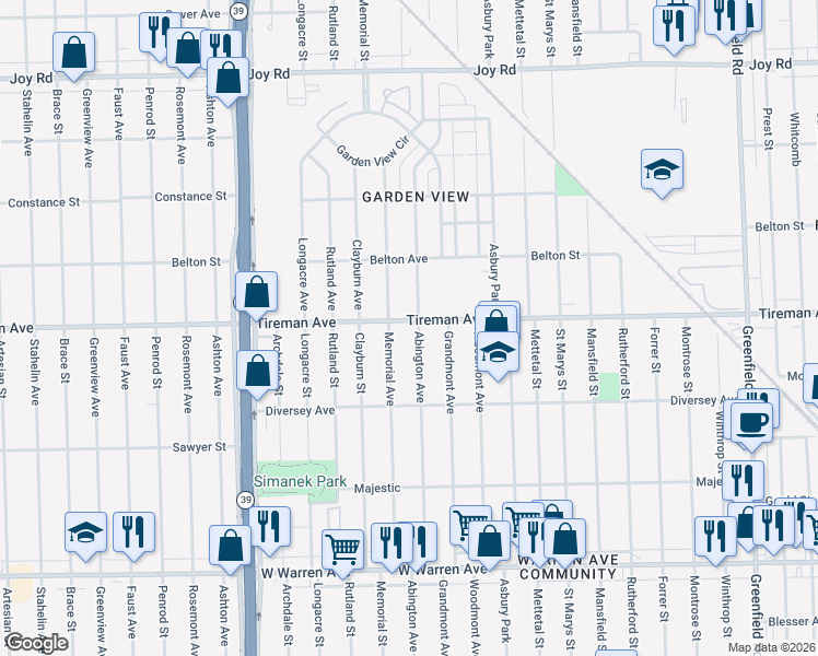 map of restaurants, bars, coffee shops, grocery stores, and more near 16808 Tireman Avenue in Detroit
