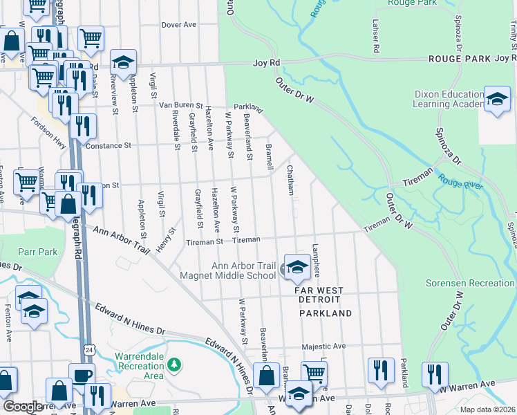 map of restaurants, bars, coffee shops, grocery stores, and more near 8137 Beaverland Street in Detroit