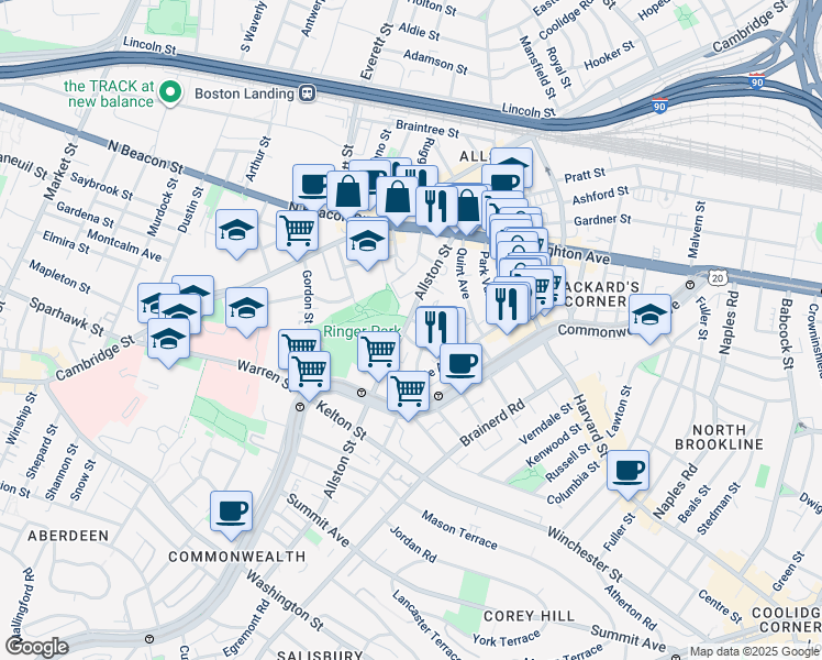 map of restaurants, bars, coffee shops, grocery stores, and more near 68 Allston Street in Boston