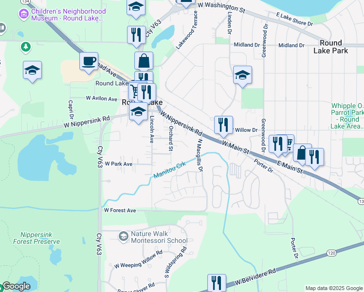 map of restaurants, bars, coffee shops, grocery stores, and more near 113 Orchard Street in Round Lake
