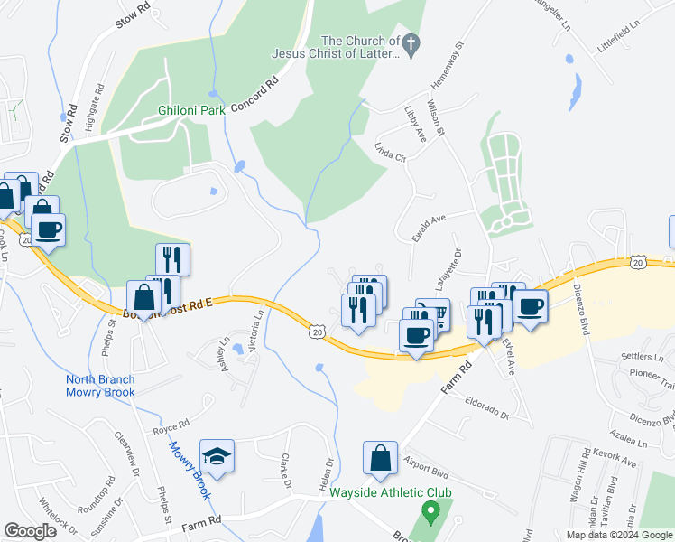 map of restaurants, bars, coffee shops, grocery stores, and more near 10 Westminster Drive in Marlborough