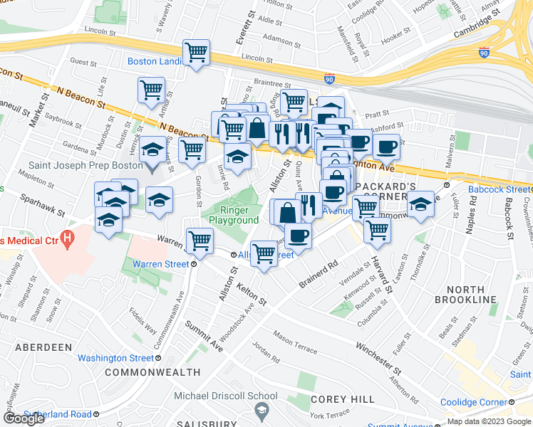 map of restaurants, bars, coffee shops, grocery stores, and more near 68 Allston Street in Boston